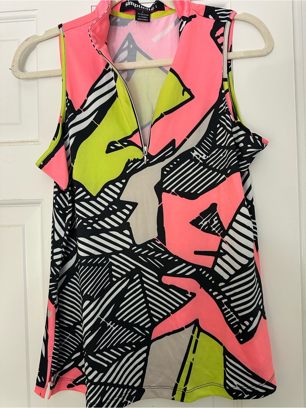 jamie sadock Neon Pink Lime Abstract Sleeveless Zip Tank Top